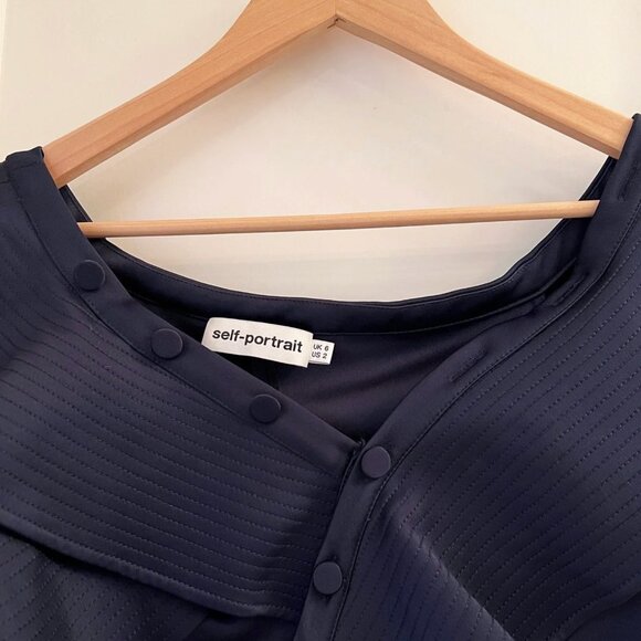 Self-Portrait Satin Off The Shoulder Ruffle Blouse in Navy, size 2 - Picture 6 of 8